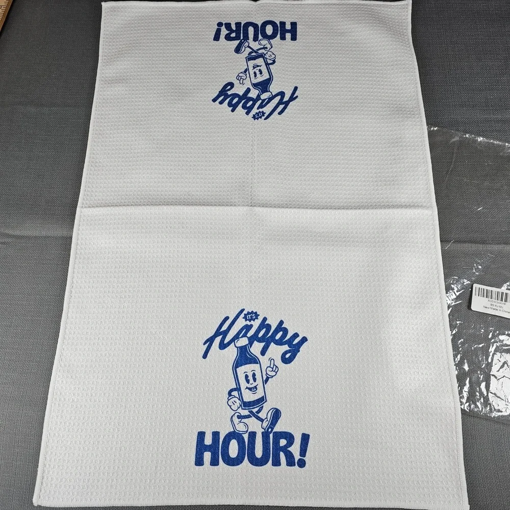 Happy Hour Retro Waffle Weave Kitchen Bar Hand Towel Blue White 16x24